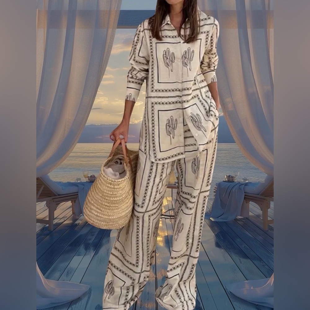 Classy 2-Piece Set Wide Leg Trousers & Oversized Long Sleeve Collar Button Shirt